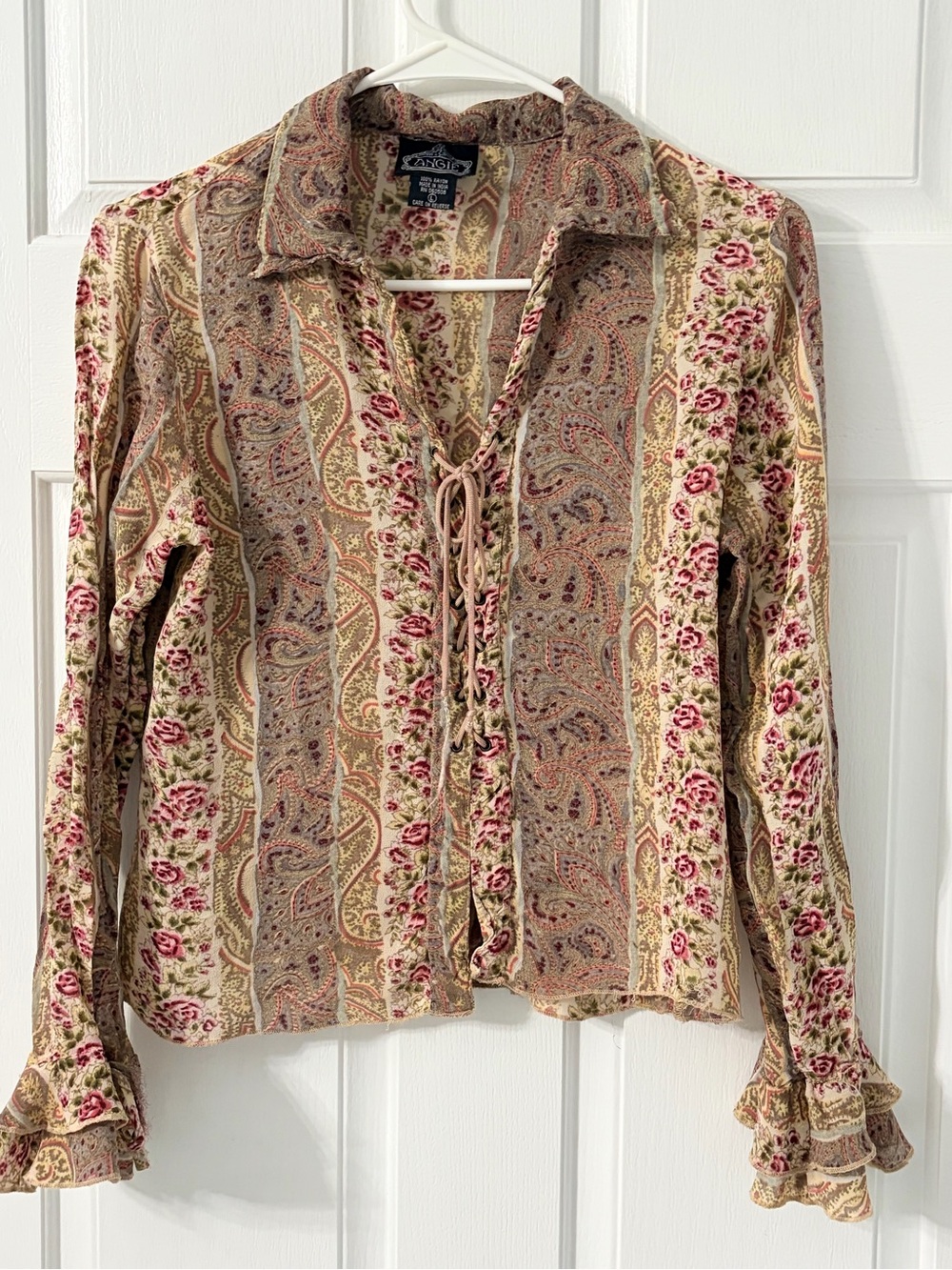 Angie Beige Floral Lace-Up Blouse